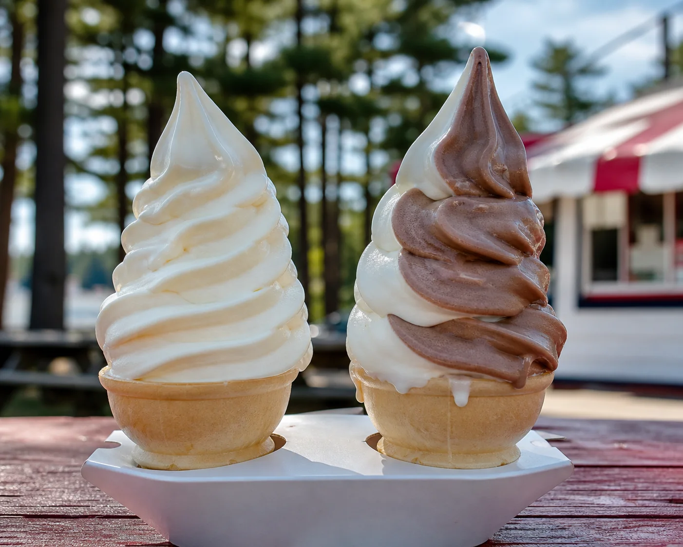 Two tall soft serve cones on a picnic table
