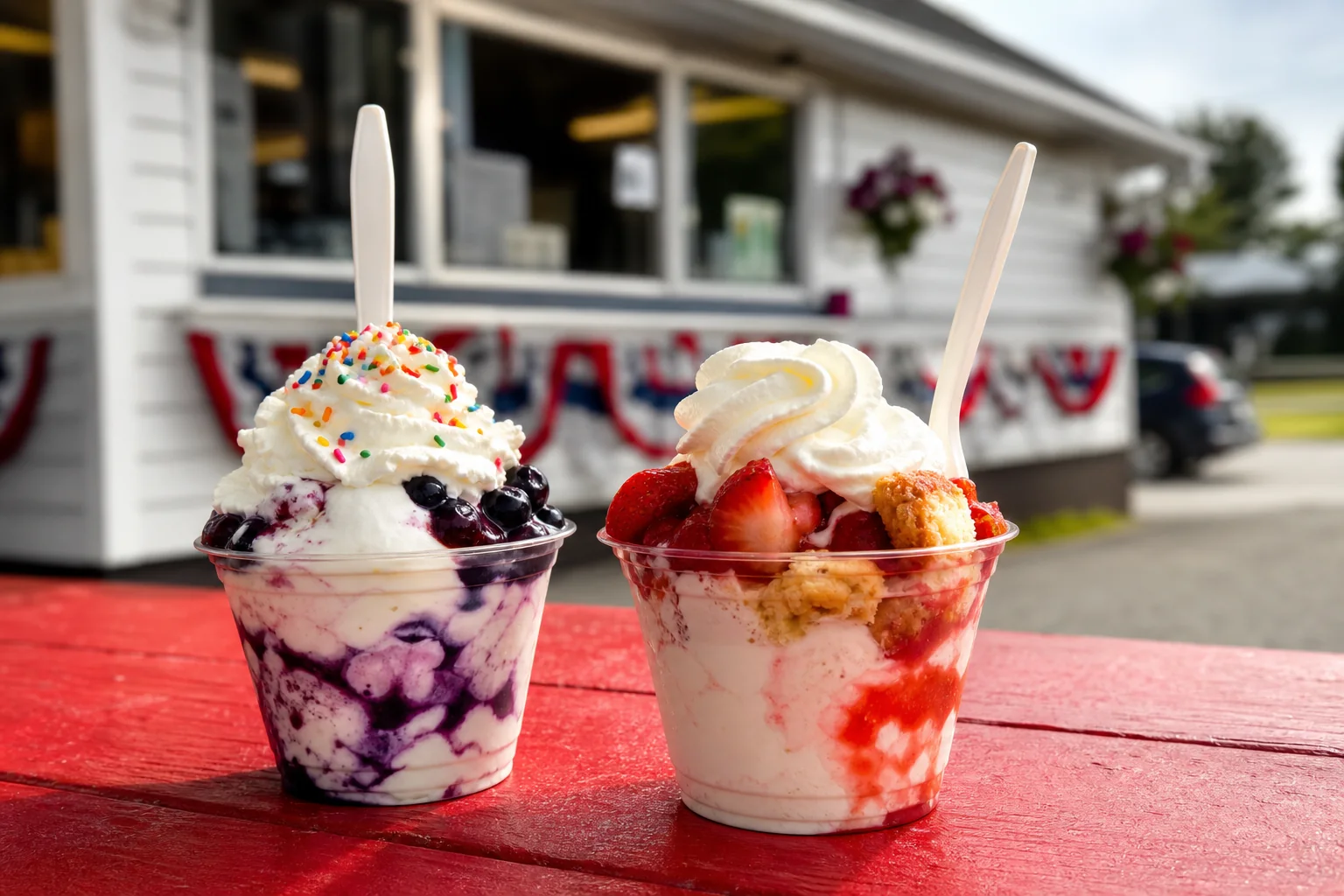 Two fruit sundaes with whipped topping on a picnic table